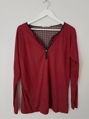 Language Burgundy Long Sleeve Top Sheer Back Small